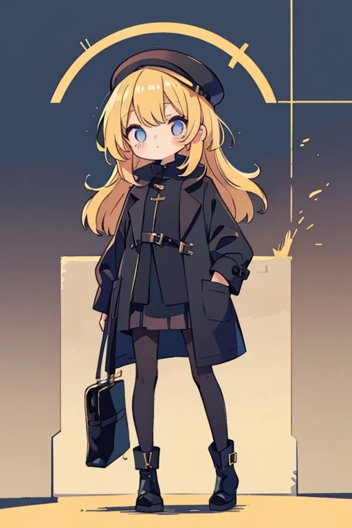  blond woman、Bob Hair、 black pantyhose 、 Long Coat 、 black miniskirt 、boots and accessories、Keep one&#39;s knees、 blue eyes, Droopy eyes,  eyes sparkle,  Bright Eyes 、 blush, Awkward,  frowns, 