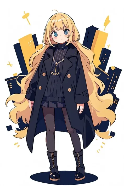  blond woman、Bob Hair、 black pantyhose 、 Long Coat 、 black miniskirt 、boots and accessories、Keep one&#39;s knees、 blue eyes, Droopy eyes,  eyes sparkle,  Bright Eyes 、 blush, Awkward,  frowns, 