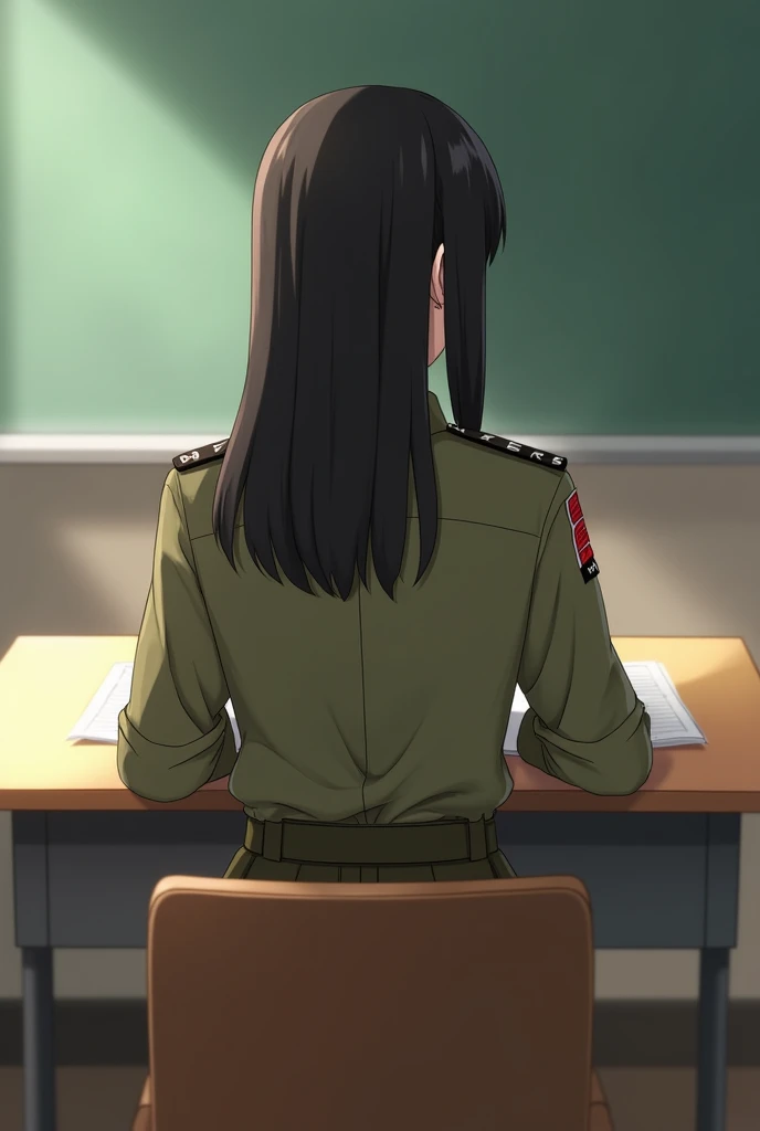 Young 20 years old Korean teacher Female long straight hair with bang wear long sleeved button shirts Khaki colour and skirts khaki brown colour and belt and has military insignia on shoulder Unbottoned collar and shirt is brown khaki skirt is brown khaki ...