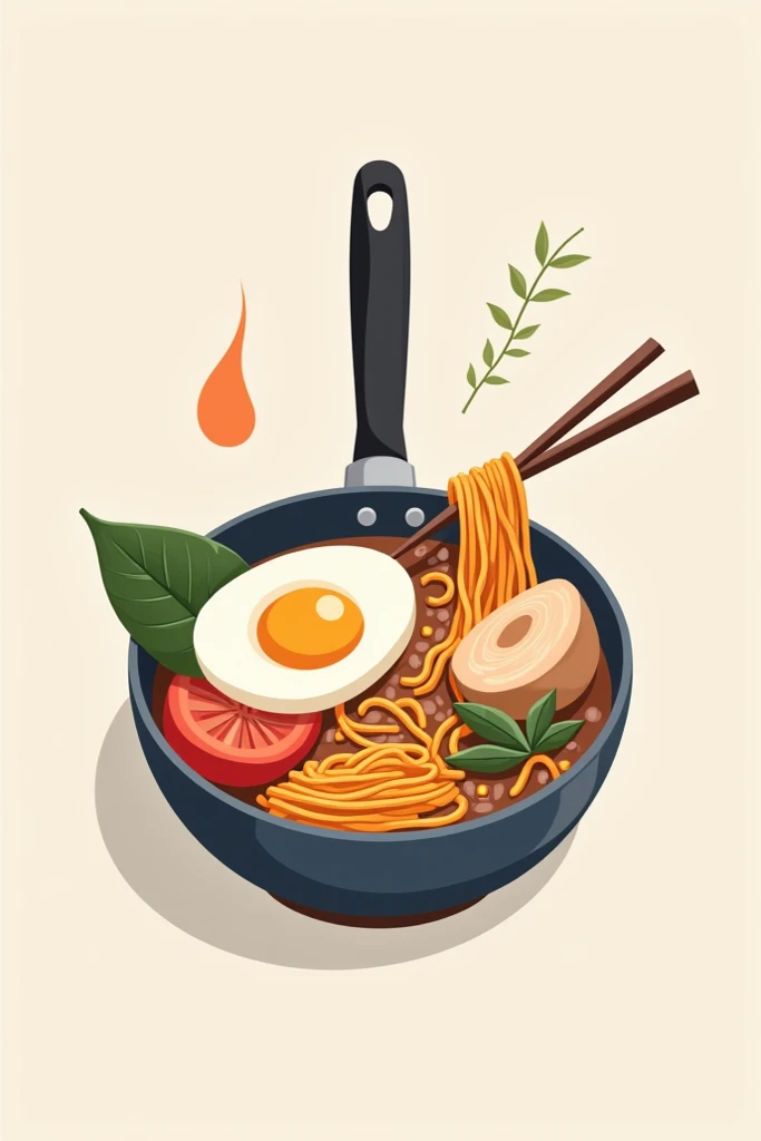 A logo related to kitchen. A frypan with pouched egg, noodles, chopsticks inside it. Korean style noodles.