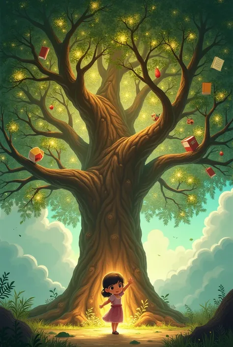  The Tree of Rights ,  huge and shiny ,  with branches that represent rens rights ( for example ,  a branch with books , another with toys , etc.).  Sofia is touching the trunk , Surprised.