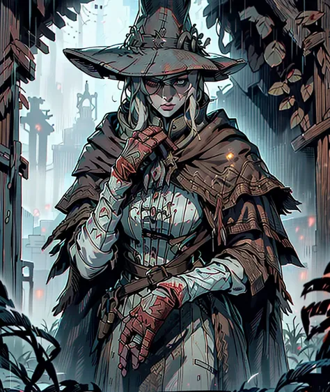 Bloody Witcher woman with an primitive cloths design in a post-apocalyptic world.  The outfit is predominantly black.  The outfit broken and primitive.  A witcher hat.  Her shapes fill her outfit.  She hase in her hands a primitive black stone knife.  In t...