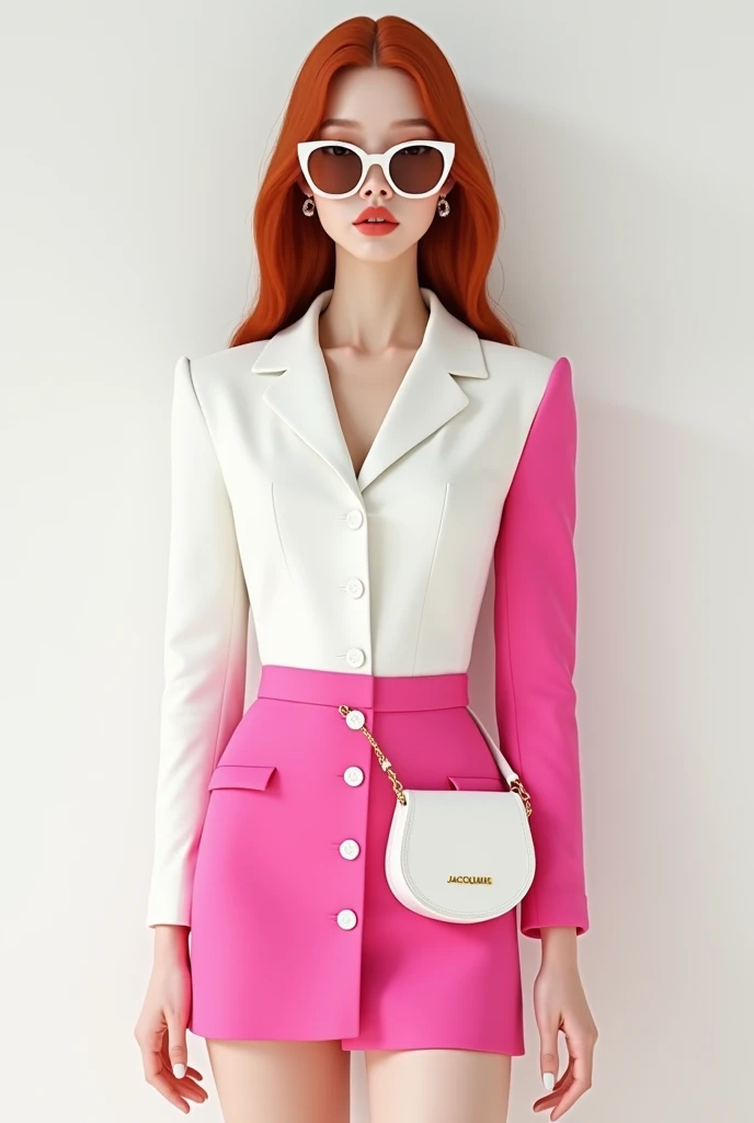 (Bad gyal ,oval face,  granulated full lips with smooth, shoulder-length gloss . rounded brown eyes , natural eyelashes. eyebrows are thick ,  white skin ,  straight and long fantasy red hair  ) She wears a short blazer half white and pink,  with a short w...