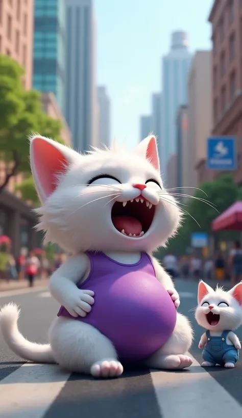 In a vibrant city scene, a stylish, anthropomorphic white adult (grown up)cat in a form-fitting purple dress takes center stage, showing off her pregnant belly with a mischievous expression sits in the middle of a busy street with her mouth widely opened s...