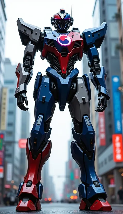 "Build a 1.90-meter-tall futuristic combat robot for South Korea, standing in Seouls bustling Gangnam district. The robot integrates blue, red, black, and white from the flag, with a glowing Taegeuk symbol on its chest and plasma-based weaponry for urban c...