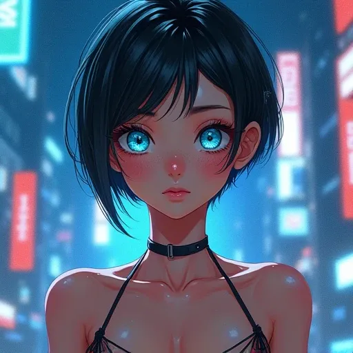 breathtaking oil painting, anime, 3D ultra realistic, lots of freckles, cheerful (petite) pretty young woman, ((big pretty colorful detailed eyes)), ((slender)), ((light blue eyes)), ((short colorful pixie cut)), black hair with light blue highlights, ((sk...