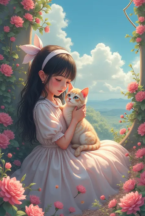 A highly detailed, hyper-realistic anime-style illustration of two young girls, one with a cat, in a surreal, dreamlike environment, with impeccable quality, exceptional detail, and vivid colors