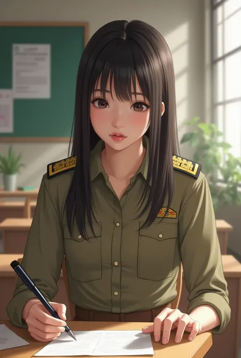 Young 20 years old Korean teacher Female long straight hair with bang wear long sleeved button shirts Khaki colour and skirts khaki brown colour and belt and has military insignia on shoulder Unbottoned collar and shirt is brown khaki skirt is brown khaki ...