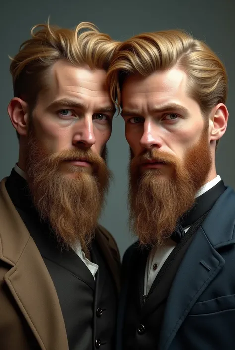 Handsome 2 man not very realistic style gradient hair big beard made blond 19th century 