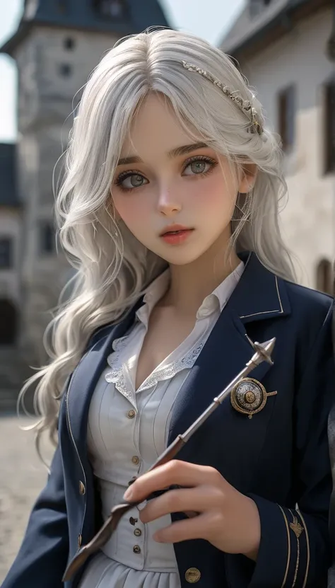  surrealism :1.5,  Bokeh,  Aesthetic ,  Silver Hair,  long hair,German Village ,In front of the castle,  Big Breasts , navy blue jacket, white blouse , navy blue skirt,Wizard holding a wand, HD SLR Snapshot of a Young Woman, High-definition film grain phot...