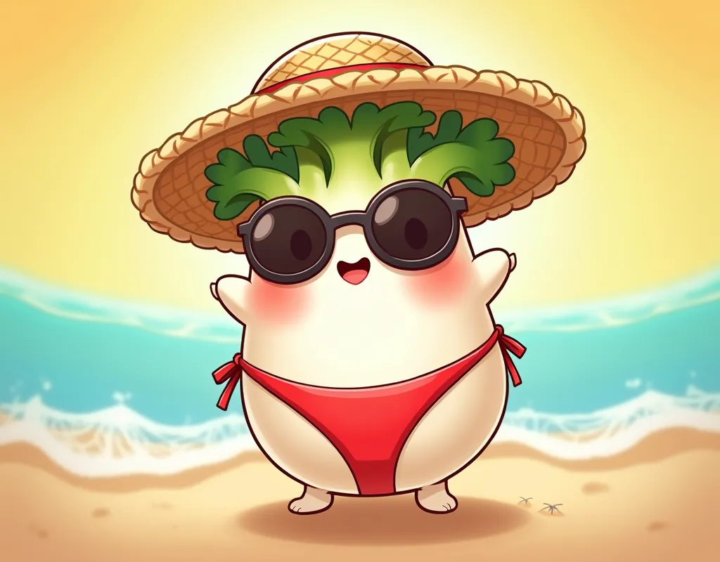  daikon illustrations 、 cute and sexy daikon、Chibi daikon 、Bright red bikini、 round sunglasses 、 straw hat