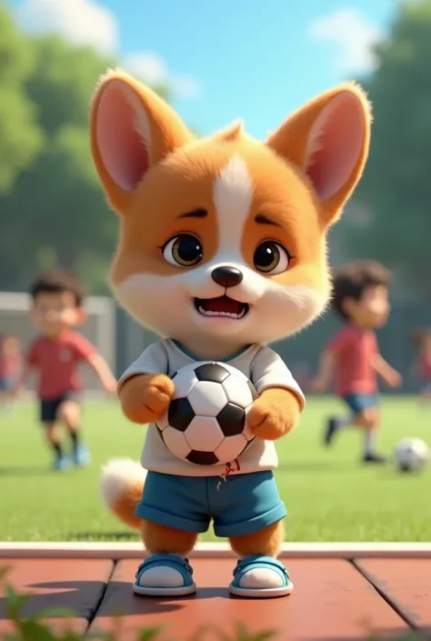  The brown corgi puppy is crying while holding a soccer ball 。Puppies落ち込んだ表情をして涙を流している。Puppies膝をけがして血が出ている。Puppies、 white t-shirt 、Blue shorts、Im wearing blue shoes 。 There are classmates around who are happily playing soccer。 school playground。 3D animati...