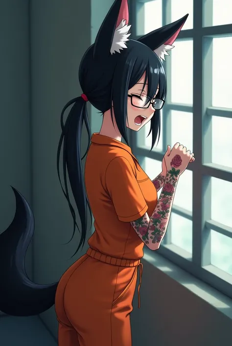 A prisoner fox female, Long black hair with a ponytail, Black fox ears, Black fox tail, No human ears, Wear glasses and close her eyes, open her mouth, Orange jumpsuit, roses tattoos on her arms, She stood by the bars of the cell window with yelling, inmat...