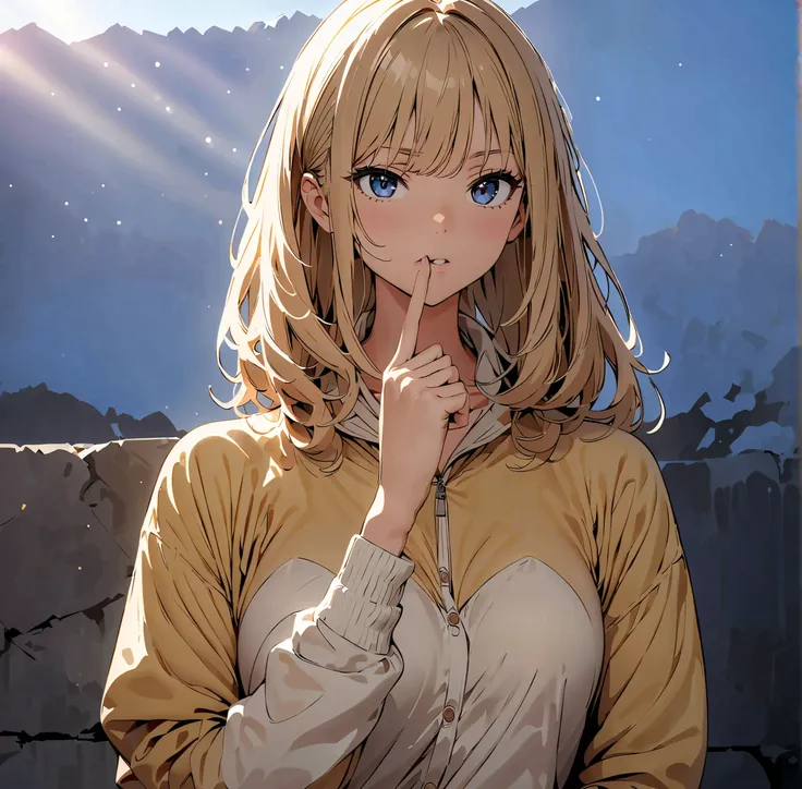 masterpiece, anime, high quality, 8k, beautiful lighting, defiant pose, very sexy, 1girl, pensive, looking at the sky, a finger to her mouth, the sea