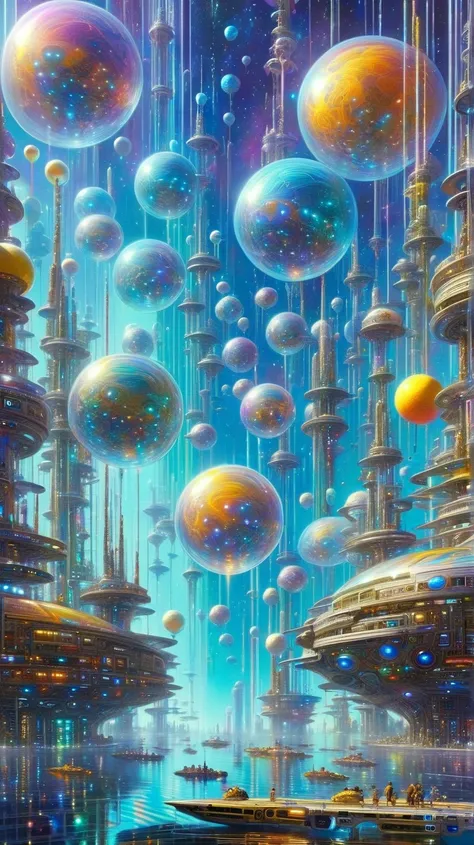 A celestial harbor , A celestial harbor で働くかわいい女性のエイリアン,  sitting in a vase of transparent floating balls ,  giant spacecraft harbor telemetry 、 spaceships and spaceships are moored there ,  illuminated by distant stars and nebulae ,  sci-fi setting with f...