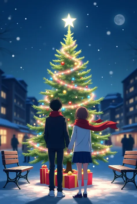 (Christmas theme,a center park with benches , ,middle of a park stand a Christmas tree, designed with lights, gliterring balls, shining star on top, colorful plastic line covering the tree from down to top, gift box below the tree, two lovers back facing t...