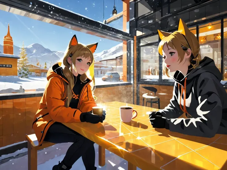 afternoon，Backlight，Cafe，（ Orange Cat Frey Cat Woman ） There is a girl with cat ears sitting ，，A cup of coffee ， with two hands, one thumb and four hands， wide ass ， black snow boots ，Pink T-shirt、 Black Baggy Pants ， Long Hair with a Low Single Ponytail ，...