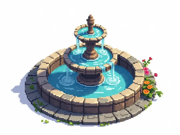 A beautifully designed pixel art fountain, top-down view, featuring a circular stone base, flowing water, and intricate details. The fountain has a classic design with tiered bowls and water gently cascading down. Surrounded by a few decorative flowers and...