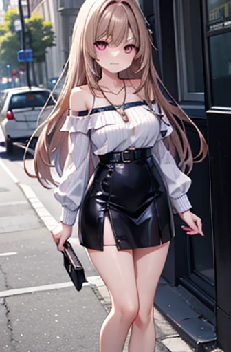 Game ,   Goddess of Victory Nikke  , Neat ,  light brown hair ,  Captivating Eyes ,beautiful face ,  Crystal Red Eye  ,  Long Hair ,  off-shoulder top , blue ,  clevis,  Necklaces ,White plain ribbed knit pencil skirt ,Selfie style, Only 1 handbag,, G cup ...