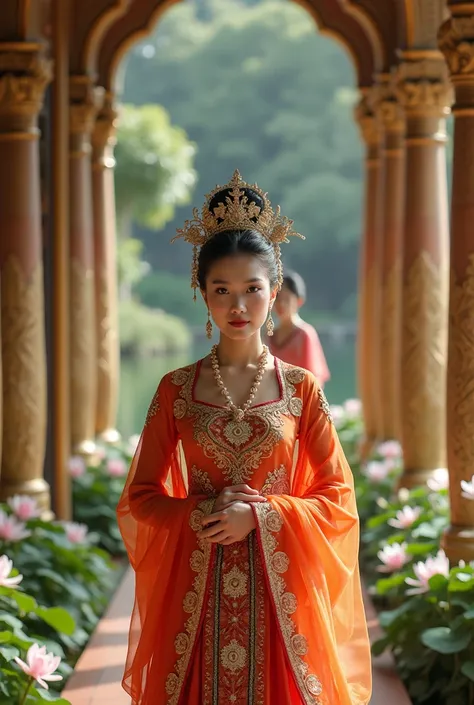 Beautiful malaysian lady weaing traditional clothing, facing in front, in a palace, palace maid behind, lakes of lilies, yard of flowers