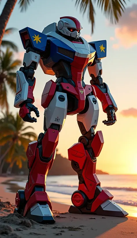 "Build a futuristic combat robot for the Philippines, 1.90 meters tall, guarding a beach at sunset with palm trees in the background. It incorporates red, white, blue, and yellow from the flag, with three stars and a sun symbol prominently displayed and eq...