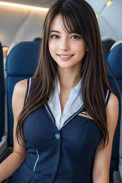 Best quality, masterpiece, 8k, ultra high resolution, (Realistic: 1.4), 1 girl, beautiful face, symmetrical eyes, big, perfect body, stewardess uniform, viewers gaze, (In airplane: 1.2), sitting on seat, shoulder jump, (Absolute territory: 1.3), crotch mir...