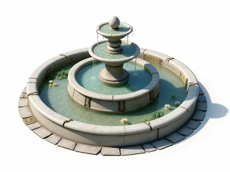 A beautifully crafted fountain in a top-down view, with a circular stone base, water gently cascading down tiered bowls. The fountain is made of smooth, light gray marble, surrounded by decorative greenery and stone tiles. Shadows cast softly towards the r...