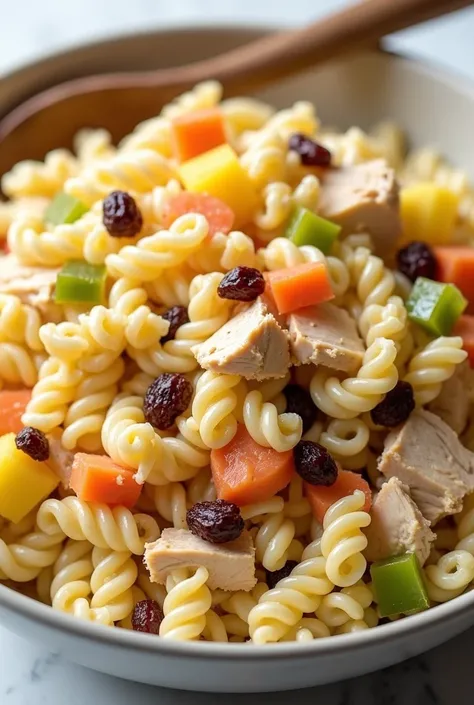  in a large bowl put macaroni, shredded chicken breasts, pineapple, pimiento, green bell pepper, raisins, carrot, sweet relish, cheese, lots of mayonnaise, a little salt, and pepper mixed together