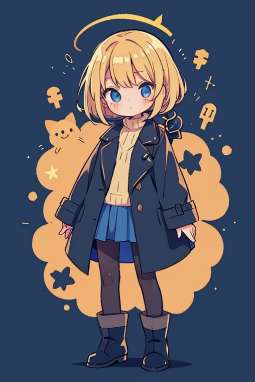  blond woman、Bob Hair、 black pantyhose 、 Long Coat 、 blue mini skirt、boots and accessories、Keep one&#39;s knees、 blue eyes, Droopy eyes,  eyes sparkle,  Bright Eyes 、 blush,  open your mouth,  showing off teeth , 