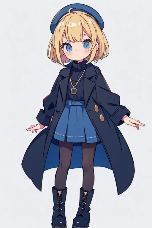  blond woman、Bob Hair、 black pantyhose 、 Long Coat 、 blue mini skirt、boots and accessories、Keep one&#39;s knees、 blue eyes, Droopy eyes,  eyes sparkle,  Bright Eyes 、 blush,  open your mouth,  showing off teeth , 