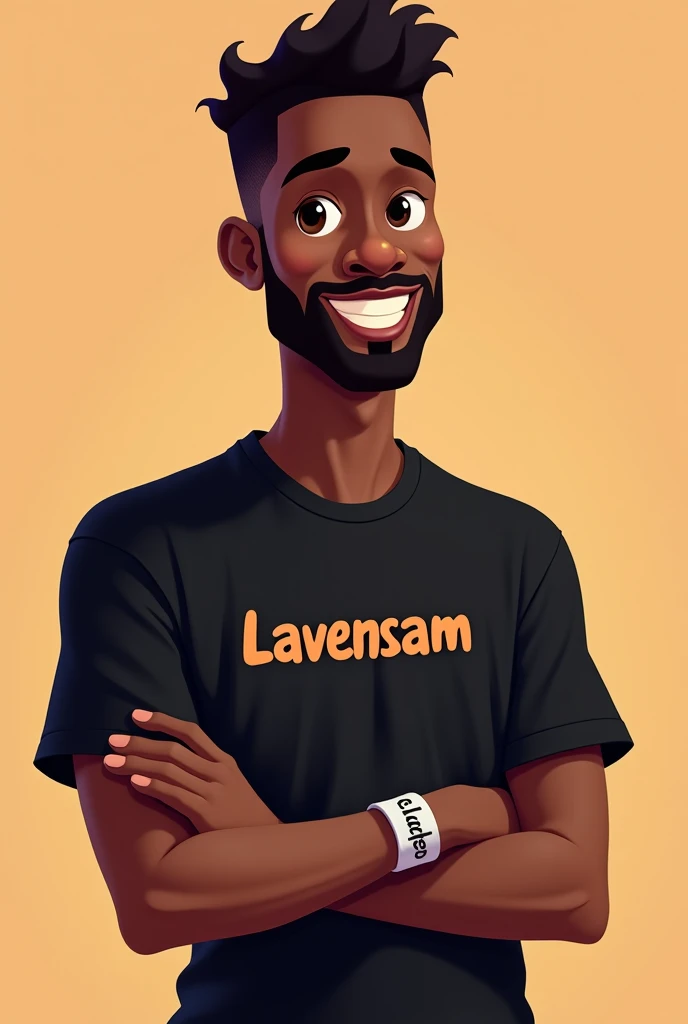 Create an image of African cartoon brown man wearing  black t-shirt  written lavensam and a braist let written lavender in black 