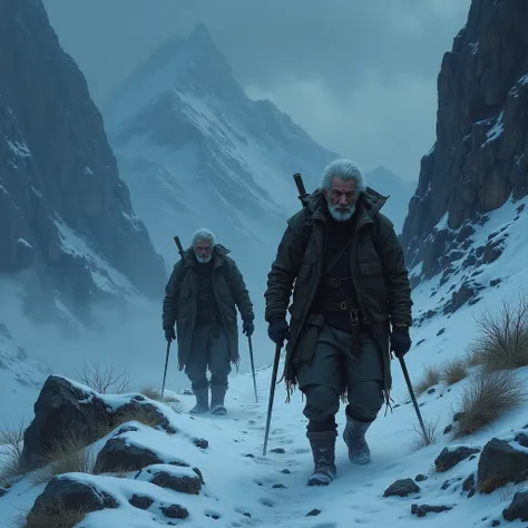 2 tired old men with cold weather walking in a mountainous area with a huge wind at night