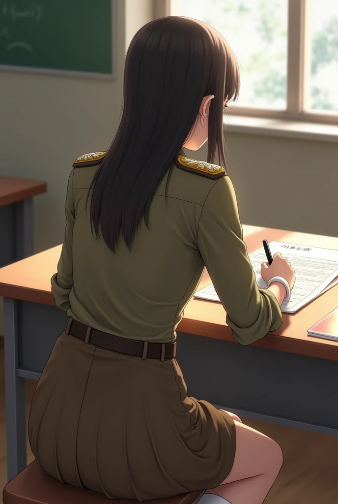 Young 20 years old Korean teacher Female long straight hair with bang wear long sleeved button shirts Khaki colour and skirts khaki brown colour and belt and has military insignia on shoulder Unbottoned collar rolled up her sleeve sitting on chair her righ...