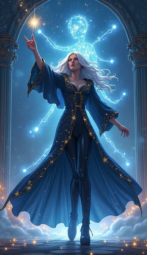 A JoJo-inspired character, Lucrezia Shine, a mysterious and elegant astrologer with flowing silver hair and a flowing cloak covered in star patterns. Her Stand, "Stardust Prophecy," appears as a constellation-like figure glowing with vibrant starlight, wit...