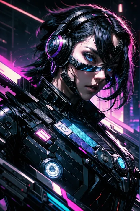 Uma  female character  em um cenário futurist de estilo cyberpunk,  with advanced technological features and a striking look .  She has black hair with bright blue highlights and wears cybernetic headphones that emit purple and blue neon lights. Seu rosto ...