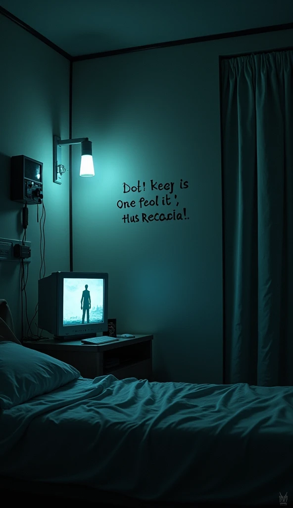  A dark hospital room with a messy bed .  On the monitor turned off ,  a blurry reflection shows the silhouette of a man in a hospital gown ,  while the wall has a message written with trembling letters : "Im still here ".  The faint emergency light casts ...