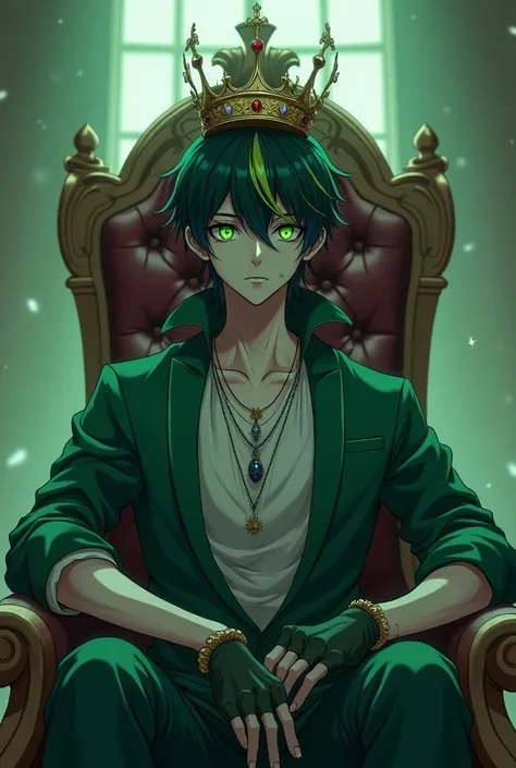  anime style、 handsome、male、young、tattered crown、green line on hair、 year old zombie、 sit on the throne、Flesh-colored skin、cool green clothes、young、gloves