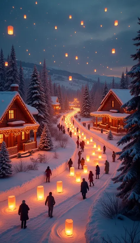 (masterpiece:1.3), (best quality:1.3), hyper-realistic drone captured scene of lanterns festival in a snow region, so many people flying lanterns, houses and trees are decorated with Christmas 