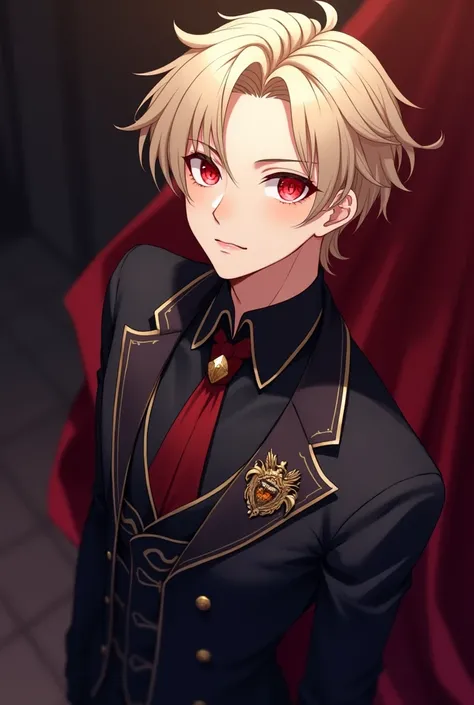 ((high quality)) ((good quality)) ((anime)) ((anime art)) ((anime artstyle)) ((male)) ((male character)) ((male character with feminine features)) ((blonde hair)) ((short hair)) ((soft hair)) ((soft features)) ((prince)) ((red eyes)) ((blood red eyes)) ((r...