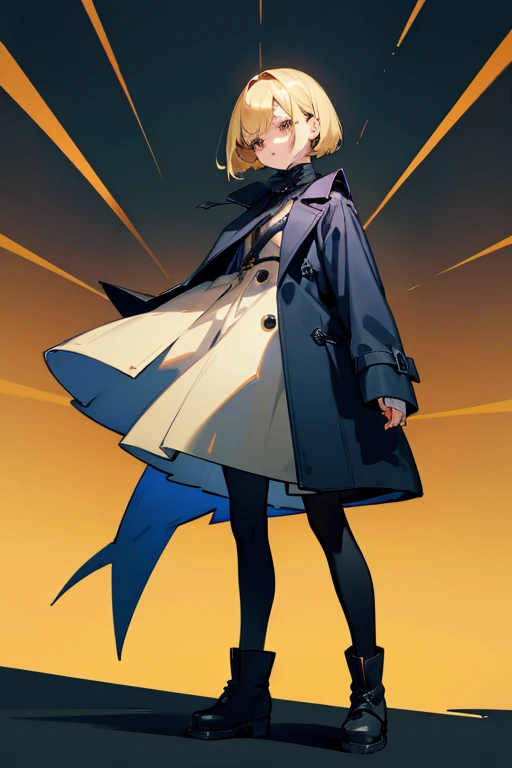  blond woman、Bob Hair、 black pantyhose 、 Long Coat 、 blue mini skirt、boots and accessories、Keep one&#39;s knees、 blue eyes, Droopy eyes,  eyes sparkle,  Bright Eyes 、 blush,  open your mouth,  showing off teeth , 