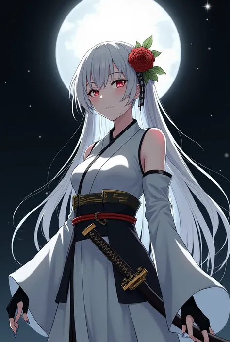  A tall anime-style woman , long white hair,  eyes closed with a scar cutting them , with white eyelashes,  wearing a white kimono with black and gold details , fingerless black gloves,  with a katana around her waist ,  wearing a flower clip in her hair ,...