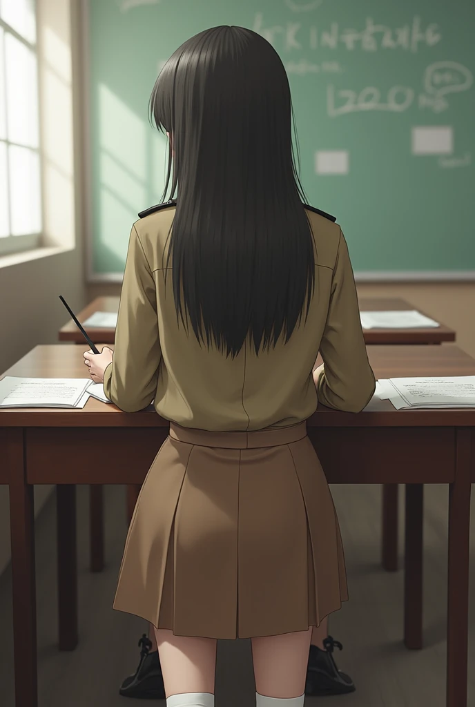 Young 20 years old Korean teacher Female long straight hair with bang wear long sleeved button shirts Khaki colour and skirts khaki brown colour and belt and has military insignia on shoulder Unbottoned collar rolled up her sleeve sitting on chair her righ...