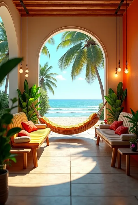 Fais moi une salle d’attente pour mon agence de voyage sur le thème tropical avec des hamacs, sable, coctkail, , palmiers