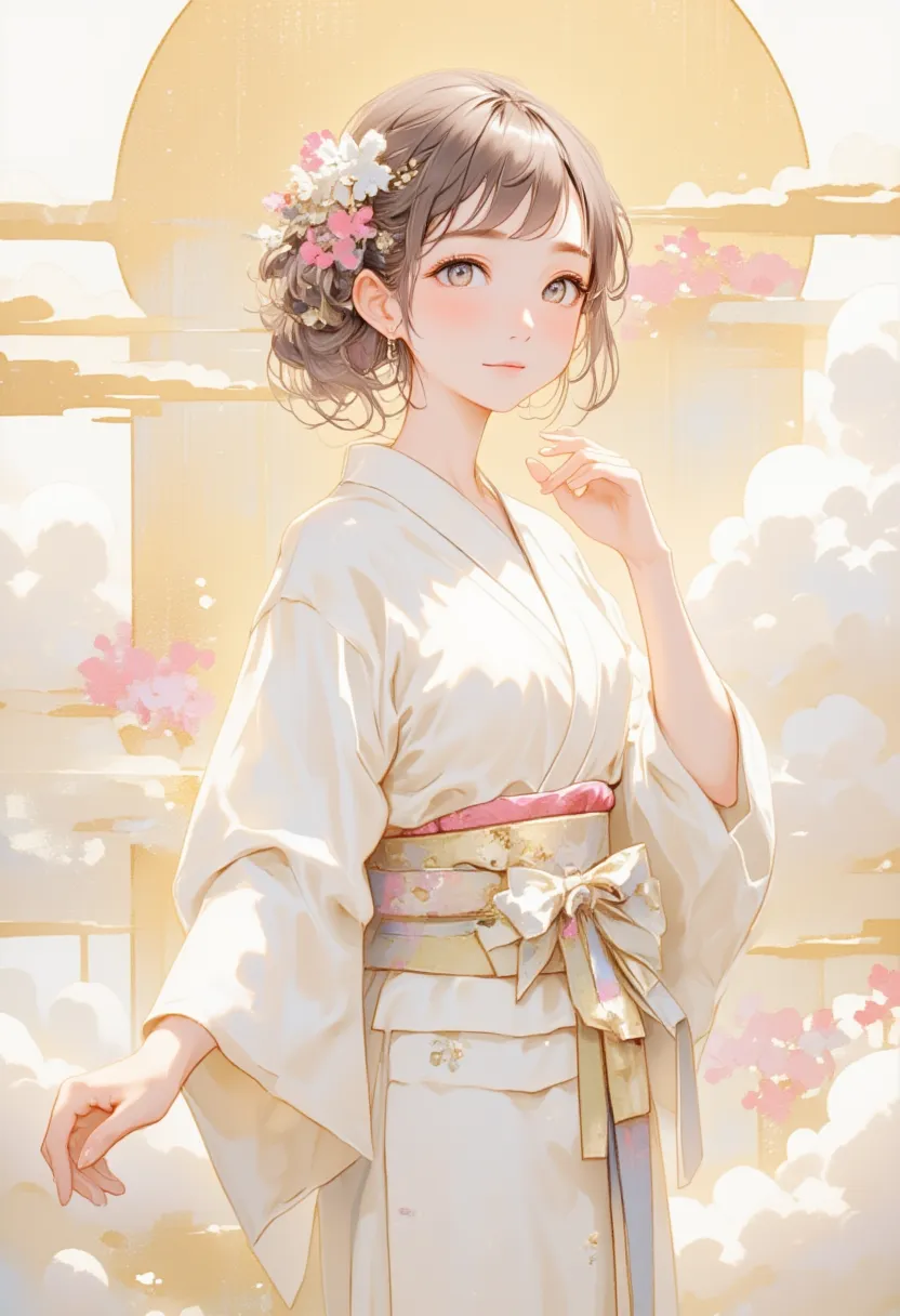 (((Simple configuration )))、(((White wall background:1.2)))、  a girl  、 perfect anatomy 、絵のように beautiful 、sketch、Very subtle、 cloud-like wall 、、Floral、 Delicate drawing 、Abstract、 overall bright color 、 soft colors 、kimono、Taisho Romance、(masterpiece、  is ...