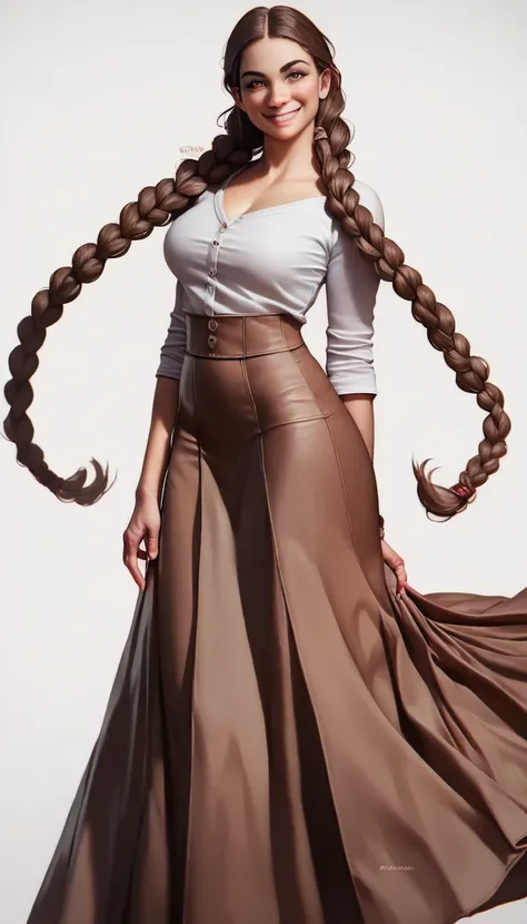 Middle Ages, 1 female , character, Middle Age, realism, ((1 woman, one)), стоит one,(((brown long skirt , Braids,  curvy ,  light smile, with forms, white background))) ,  gaze at the viewer  ,  stands straight 
