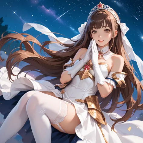  Yuuki as a costume ,  beautiful woman in anime style,  best quality,  Perfectanatomy ,   super detailed ,  1 girl, Alone, chest, athletic body, good hands, Good legs, Good knees, Night Sky, star, Long Hair, 巨乳chest,  is watching viewers,  happy , bangs,  ...