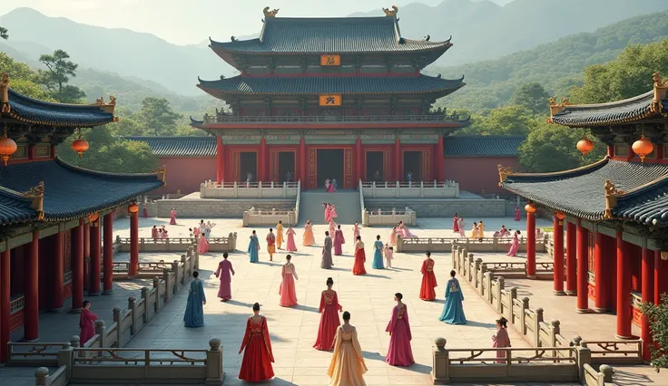 Chinese big palace with a lot of maids and princesses and princes, realistic