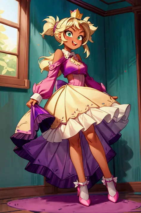 (Masterpiece, best quality) 1 girl, standing indoors with intricate details and sunlight, magenta and white frilled dress with short neckline, purple high heel shoes, crown in head, blonde medium long  hair, two ponytails, green eyes, blue, dark brown skin...