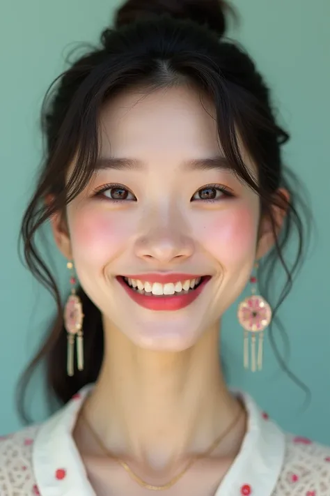 Photo of a woman with a diamon face, thin lips. asian nose and smiling gabteeth