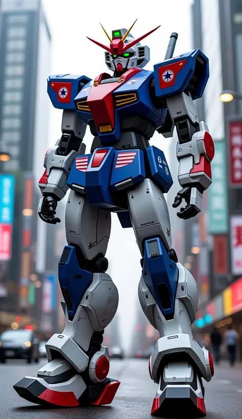 "Build a 1.90-meter-tall futuristic combat robot for South Korea, standing in Seouls bustling Gangnam district. The robot integrates blue, red, black, and white from the flag, with a glowing Taegeuk symbol on its chest and plasma-based weaponry for urban c...